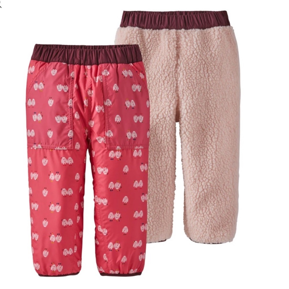 Patagonia girls reversible tribbles snow pants sherpa 4T-5T pink owls